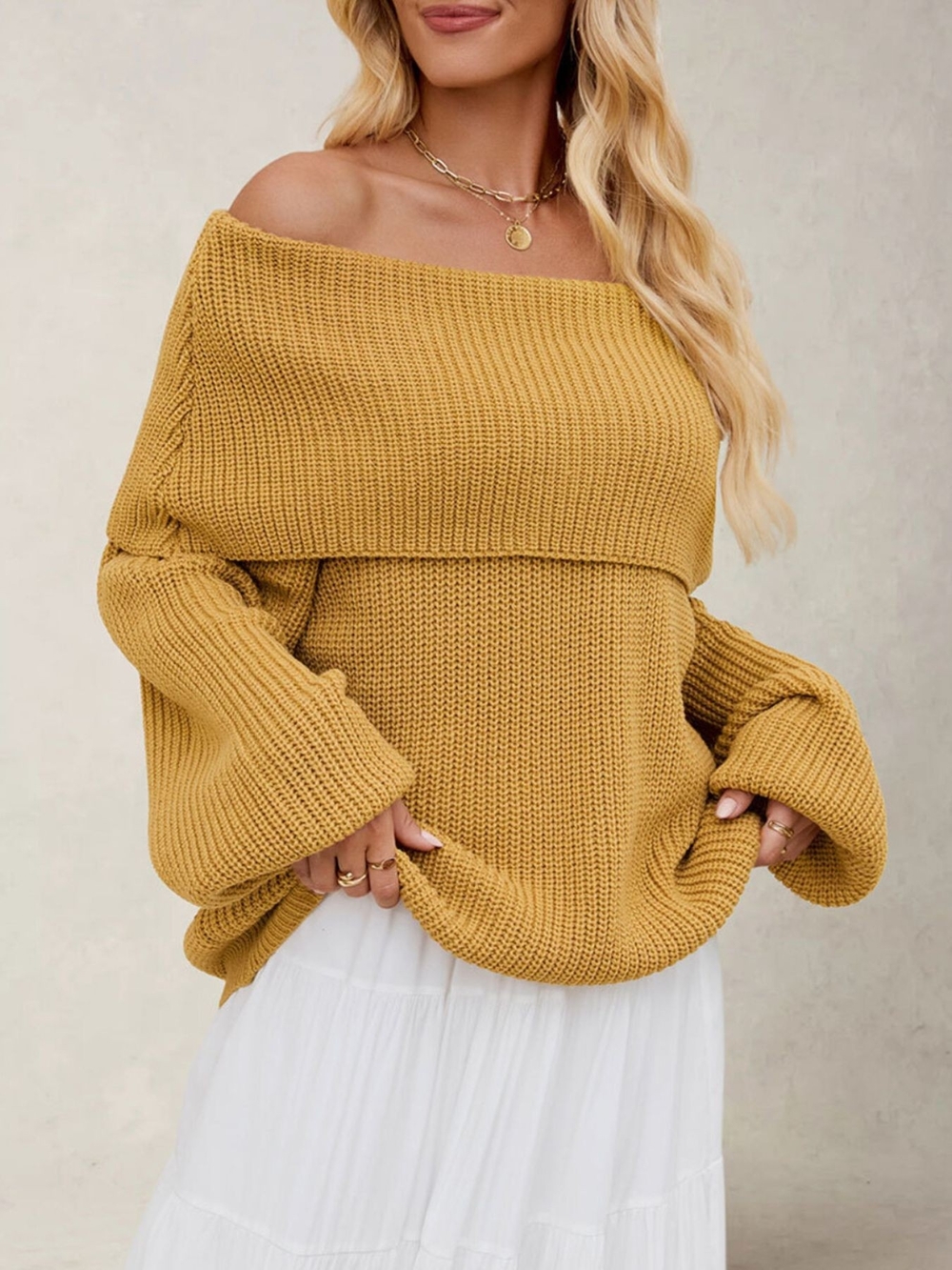KIRA Off-Shoulder Chunky Knit Sweater in Mustard S M L XL